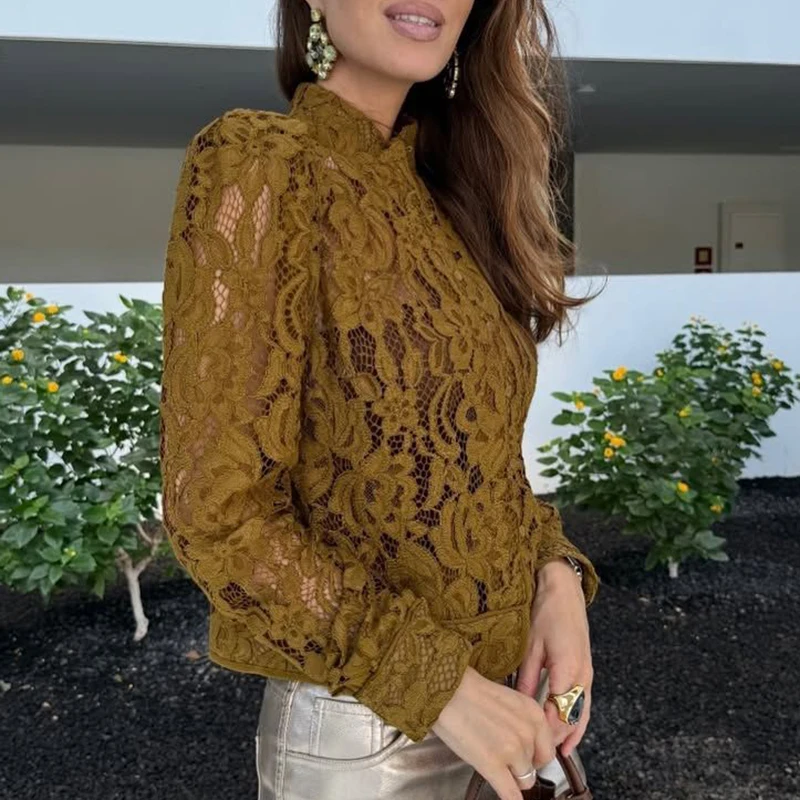 

Sexy Perspective Nightclub Party Blouses Lace Embroidered Long Sleeve Women's T-shirt Autumn New Long Sleeve Commuter Top Tees