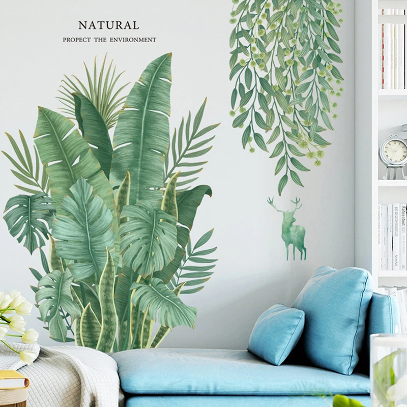 Green Leaves Wall Stickers For Home Living Room Decorative Vinyl Wall Decal Tropical Plants DIY Kid Door Murals Wallpaper