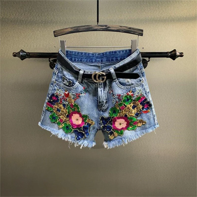 

Трендовые джинсовые шорты с блестками и цветочными заусенцами, женские винтажные широкие короткие джинсы с высокой талией, новинка лета 2023 г.