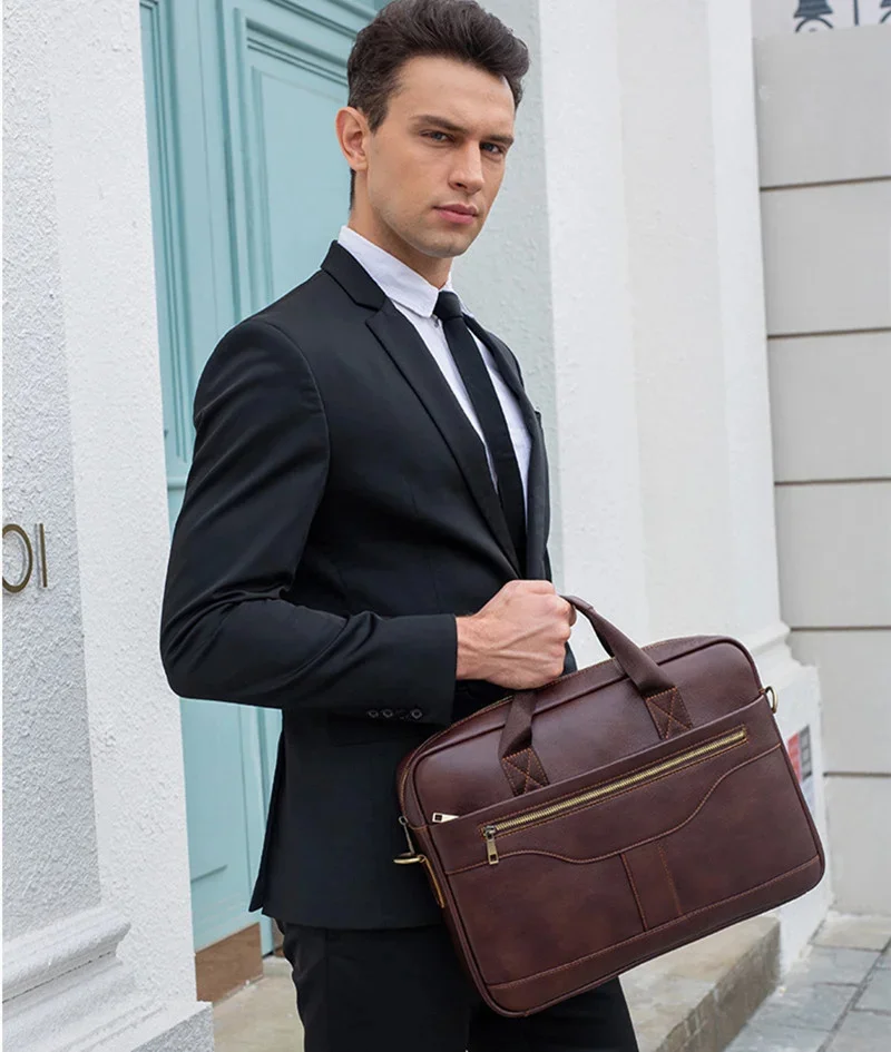 New Business Men Handbag Vintage Genuine Briefcase Male Office Laptop Cow Leather Shoulder Bag