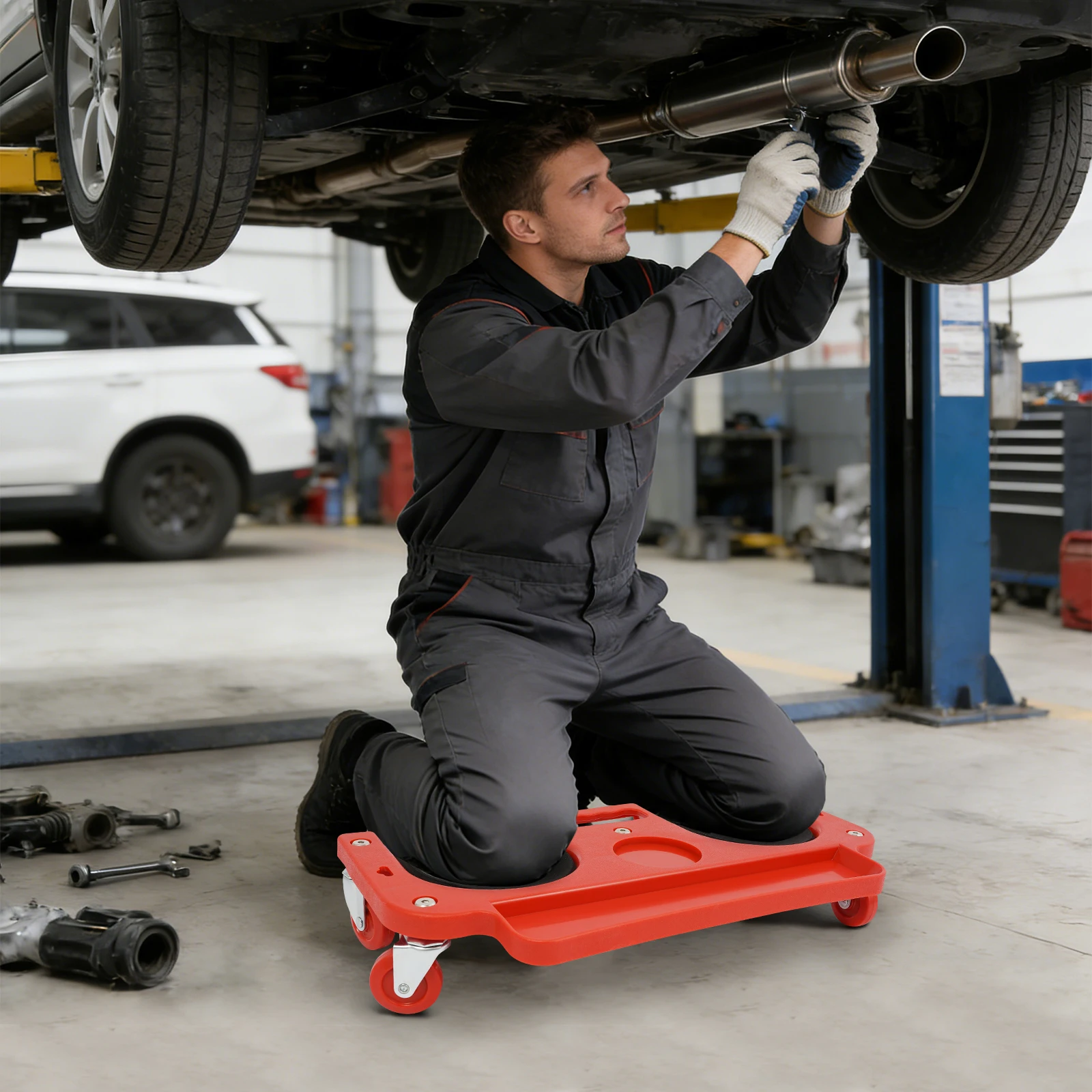 Knee Creeper, Kneeling Pad, Knee Pads, Rolling Knee Support Pad, Thickened Ergonomic Sponge Mat, Injection Molded Polypropylene, Red, For Mechanic Work, Floor Install, Gardening, Cleaning, 5 Swivel Wheels, Joint Pressure Relief