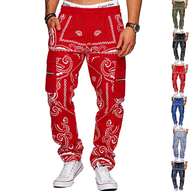 Casual Men's Harem Pants 2026 Printed Walnut Flower Multi-Pocket Workwear Loose High Street Style Youth All-Season Elastic