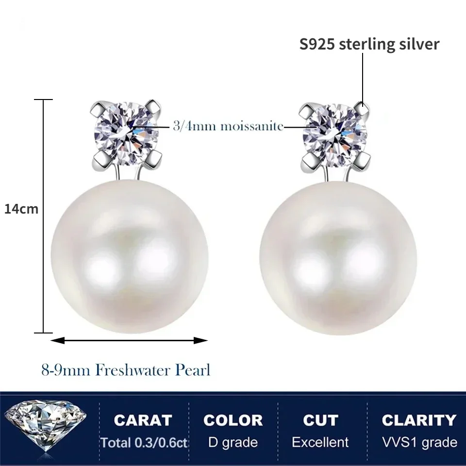 FEOBUR Real Moissanite Pearl Stud Earrings for Women 925 Sterling Silver Lab Diamond 9mm Pearl Drop Earring Wedding Jewelry Gift