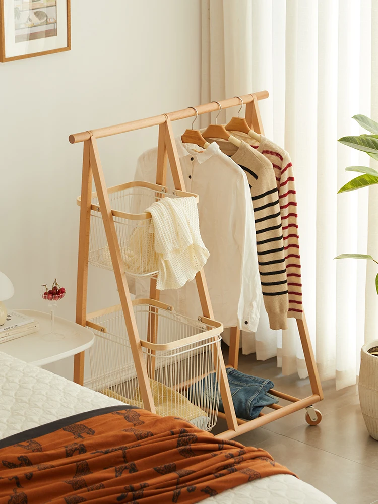 

Solid wood floor-to-ceiling coat rack household bedroom movable multifunctional dirty clothes basket clothes rack simple indoor