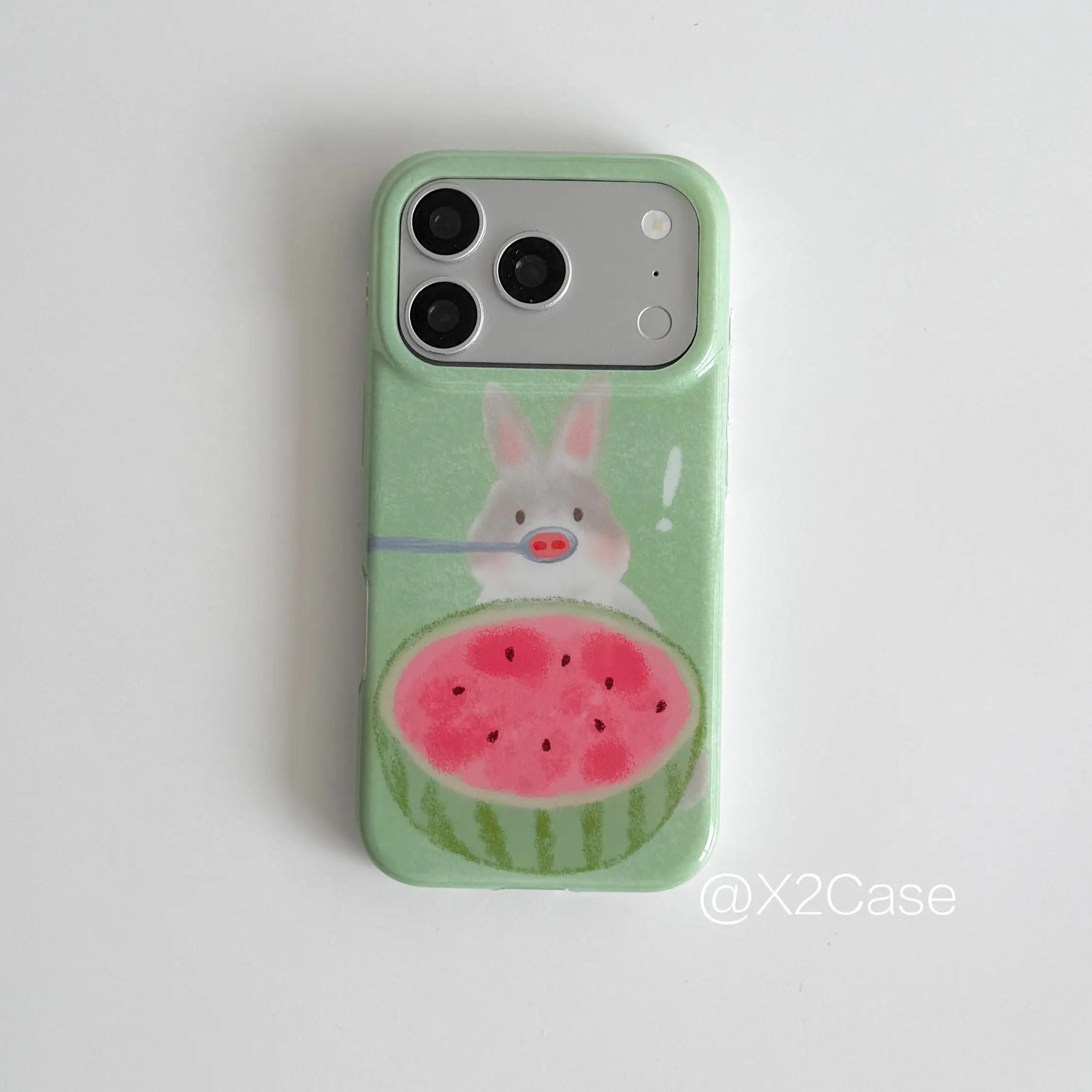 Korean Cute Cartoon Green Watermelon Bunny Phone Case For iPhone 17Air 16 15 14 13 12 11 Pro Max Plus Y2K Cover Ins Advanced
