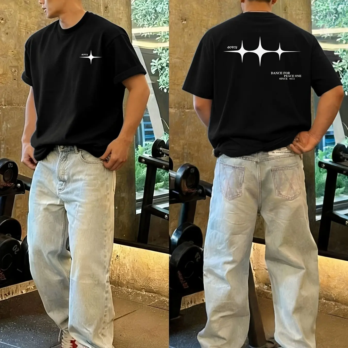 Herren Minimalistisches Vierzackiges Stern Oversized T-Shirt Beidseitiger Druck 100% Baumwolle Lässige Streetwear Sommer-Oberteil – Detail 4