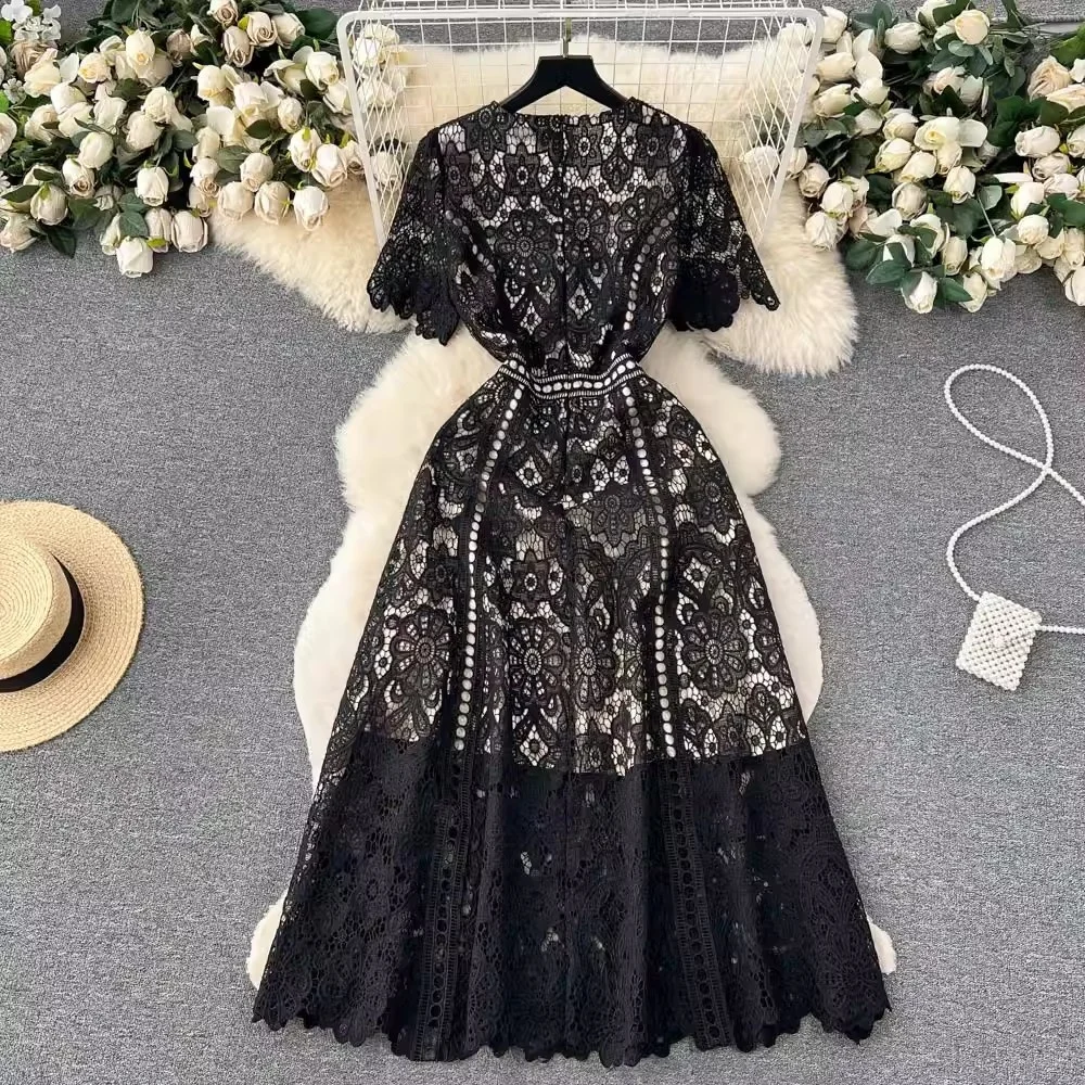 JAMERARY Runway Summer Elegant Lace Dress Women Short Sleeve Flower Embroidery Long Dresses Lady Hollow Evening Party Vestidos
