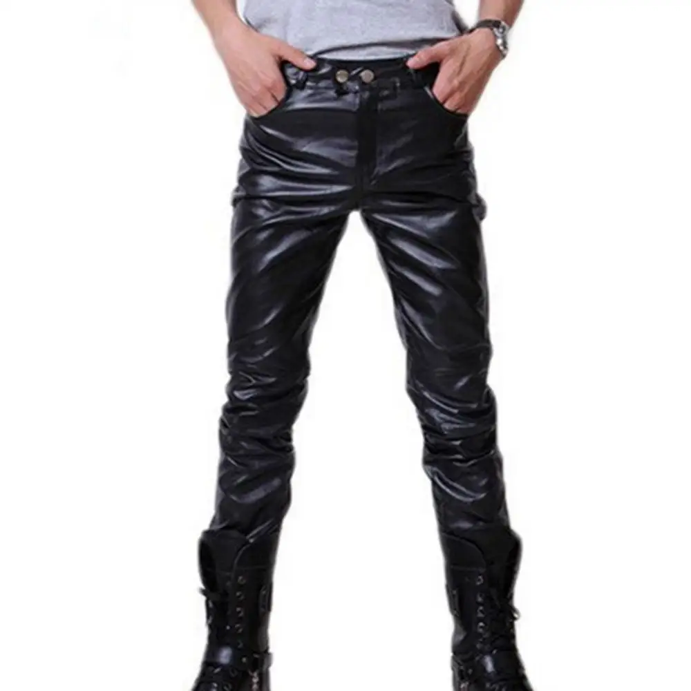 Men Faux Leather Button Skinny Pants Motorcycle Club Trousers Men's Casual Pants Singer Silver Black Shiny Men's Nightclub Pants