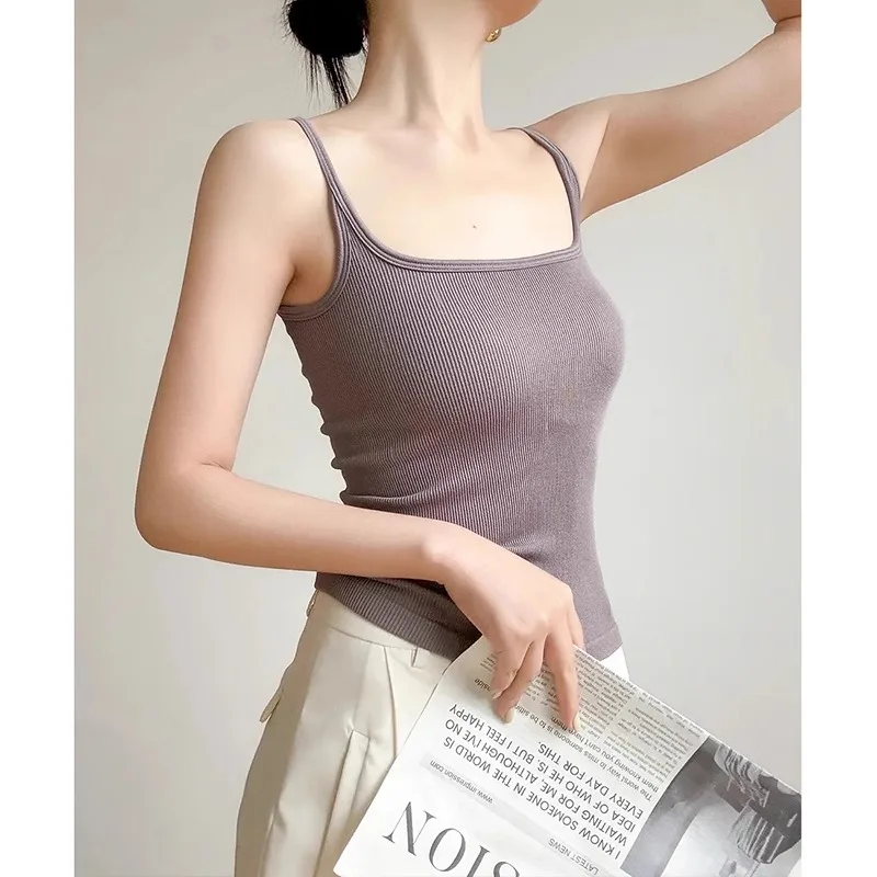 

White Strap Vest Women Summer Outdoor Wear with Chest Pad Conceal Side Breast Square Collar Inner Match Small Top