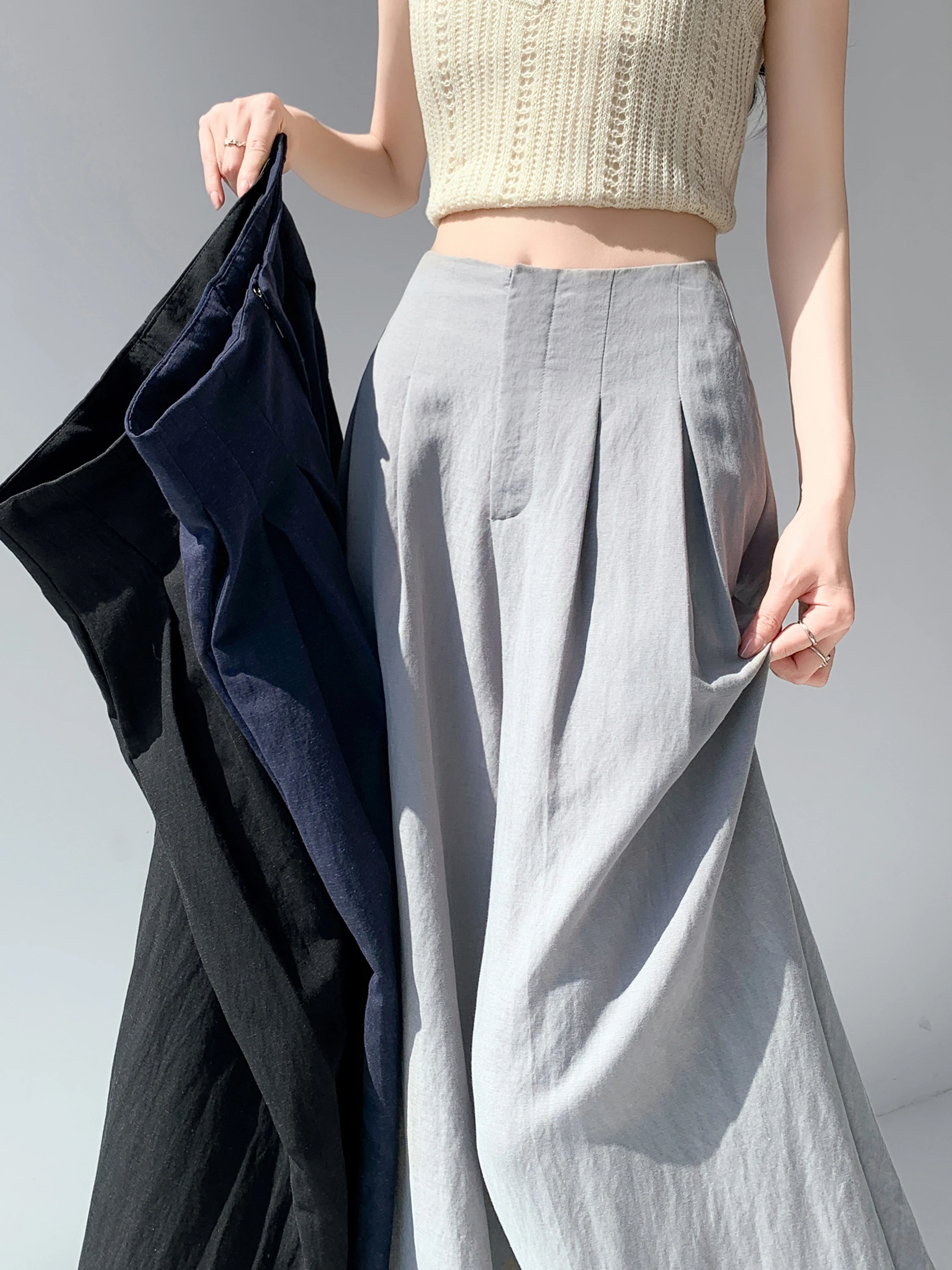 

Summer New Women's Linen Wide Leg Pants Ice Silk Drapey Floor-Length Skirt Suit Casual High Waist Pocket Zipper