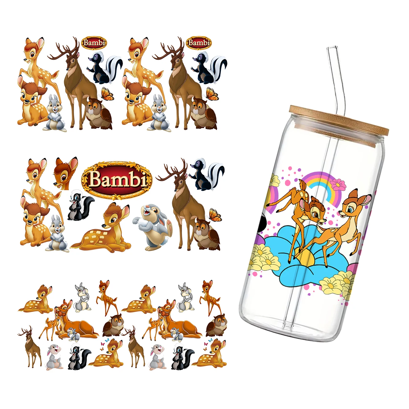 بامبي 11x24 سنتيمتر الكرتون ديزني كأس التفاف ملصق 16 أوقية UV DTF ملصق مضاد للمياه يمكن Libbey الزجاج التفاف ل هدية حفلة
