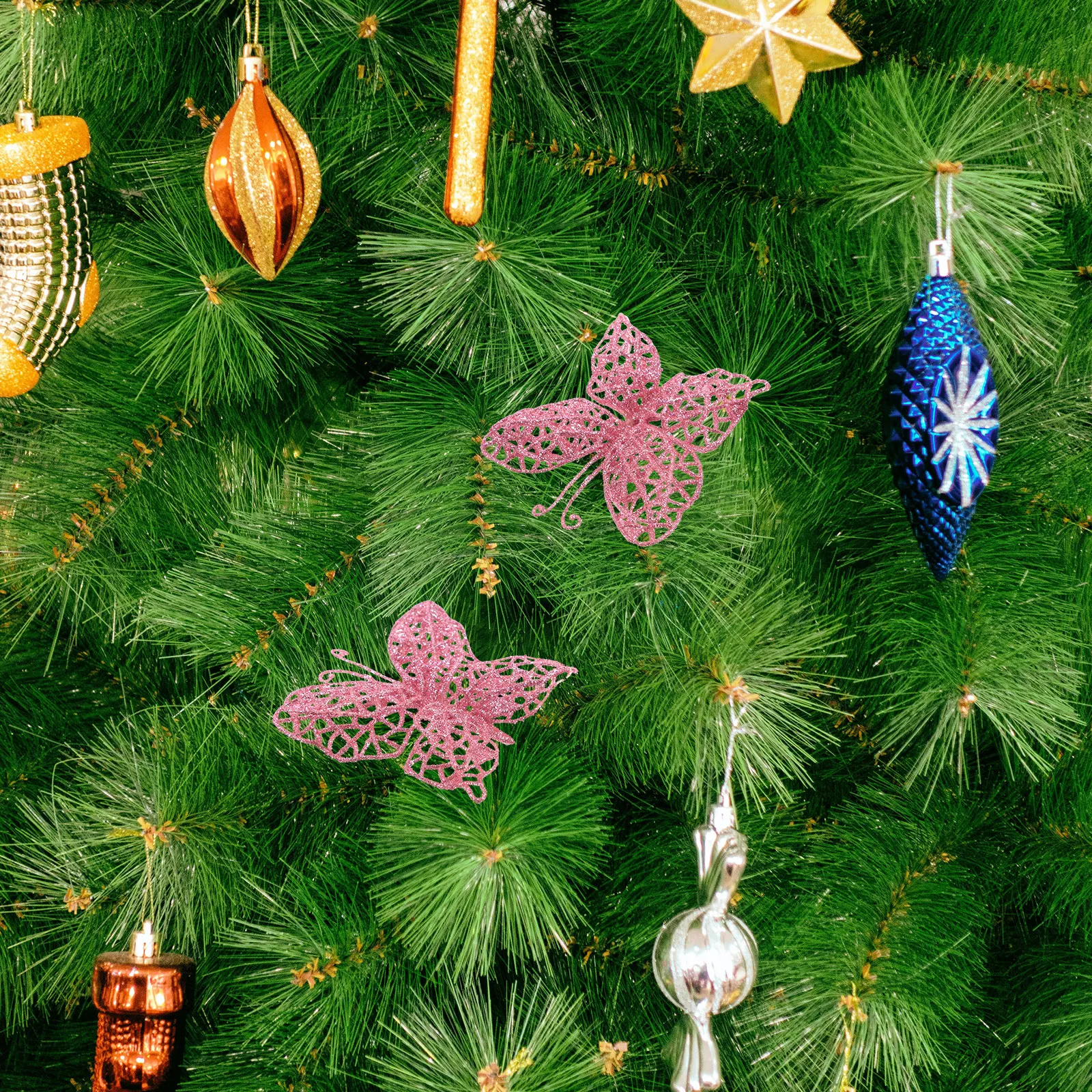 

36pcs Pink Glitter Butterfly Christmas Tree naments Wedding Scene Decor Xmas Wreath Supplies Holiday Arrangements