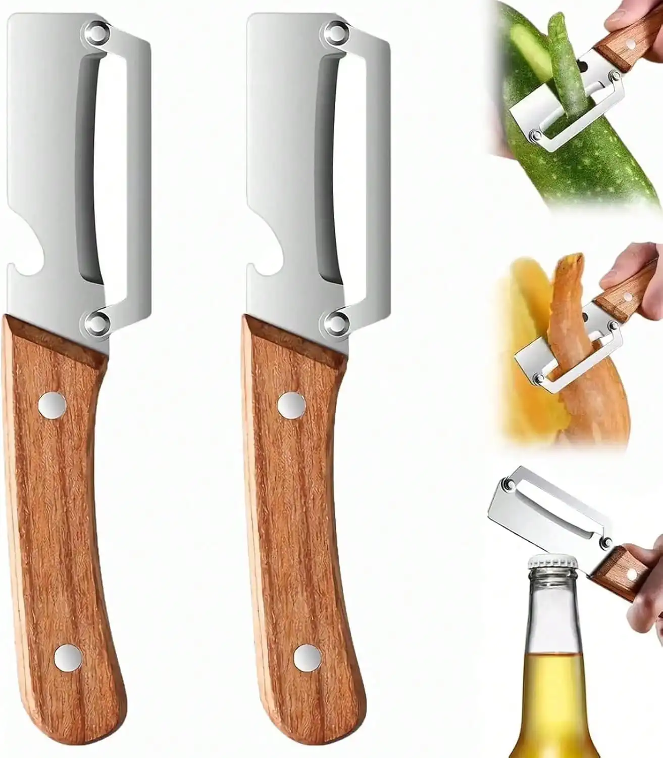 Stainless Steel Vegetable Peeler Wooden Handle Multi-functional Fruit Paring Knife with Bottle Opener 2PCS Durable Potato Carrot Melon Scraping Gadget view 2