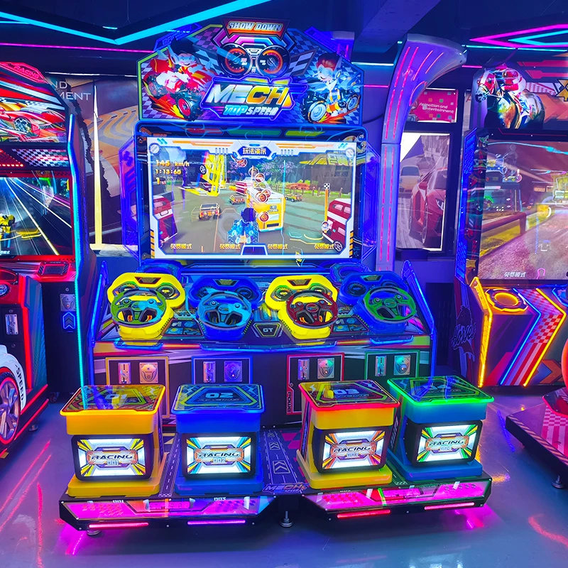 Kids Adults Mecha Speed Racing Arcade Simulator, 4 Players Coin Operated Video Game Machine, Metal Construction, English Support