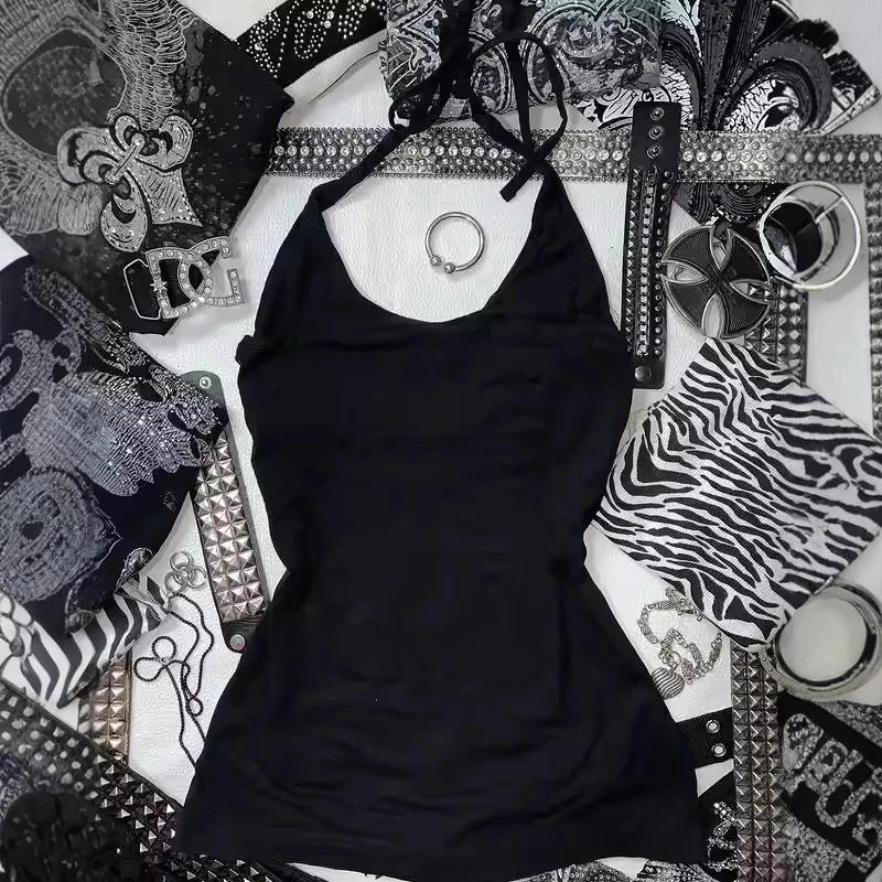 الصيف خمر القوطية مثير E-girl سليم الدبابات شخصية زهرة طباعة هوتي معلقة الرقبة أعلى اليابانية 2000s سترة المرأة السوداء