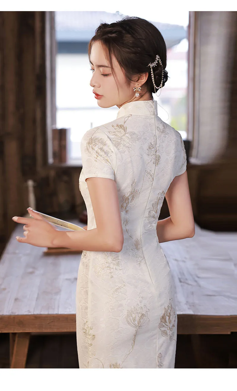 2023 White Lace Cheongsam Women Short Sleeve Traditional Vintage Dress Show Costumes Slim Embroidery Qipao Robe Chinoise Femme