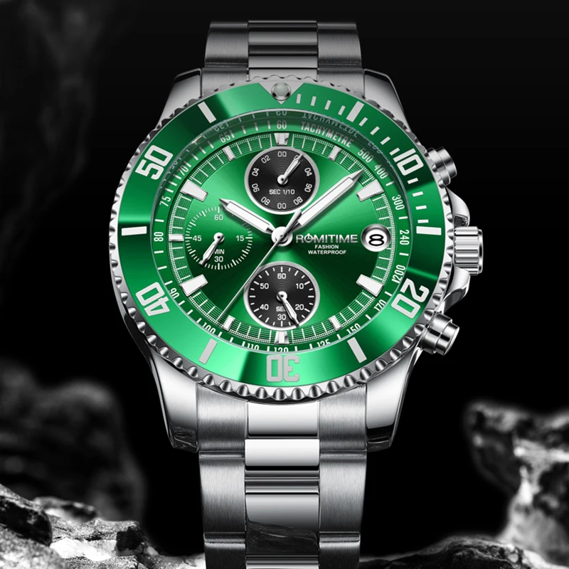

ROMITIME мужские часы для бизнеса и отдыха, серия Green Water Ghost, светящиеся водонепроницаемые усовершенствованные часы, спортивные кварцевые часы
