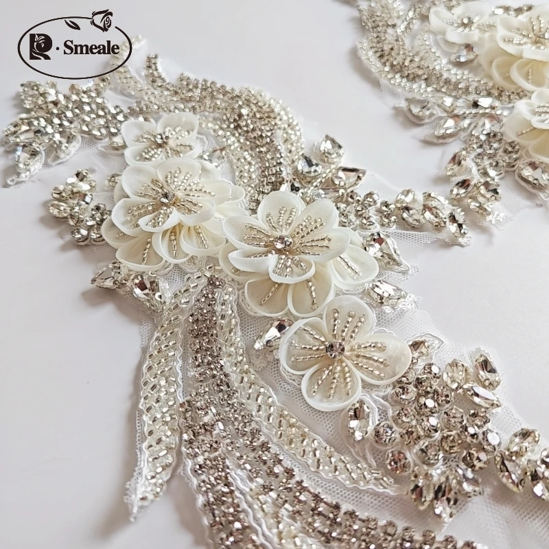 Rhinestone Appliques for Wedding Dress, Shoulders, Off White, Hand-sewn, Glass Drill, Mirror Flowers, Sparkling, DIY Patch, 1Pai