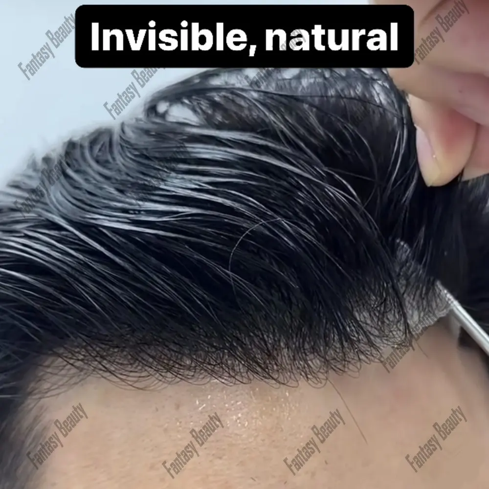 Toupee PU de pele fina com nó duplo para homens, peruca fina natural, unidade de sistema de prótese de cabelo masculino, prótese de cabelo masculino, 0,06-0,08mm, 100% cabelo humano, 6 pol