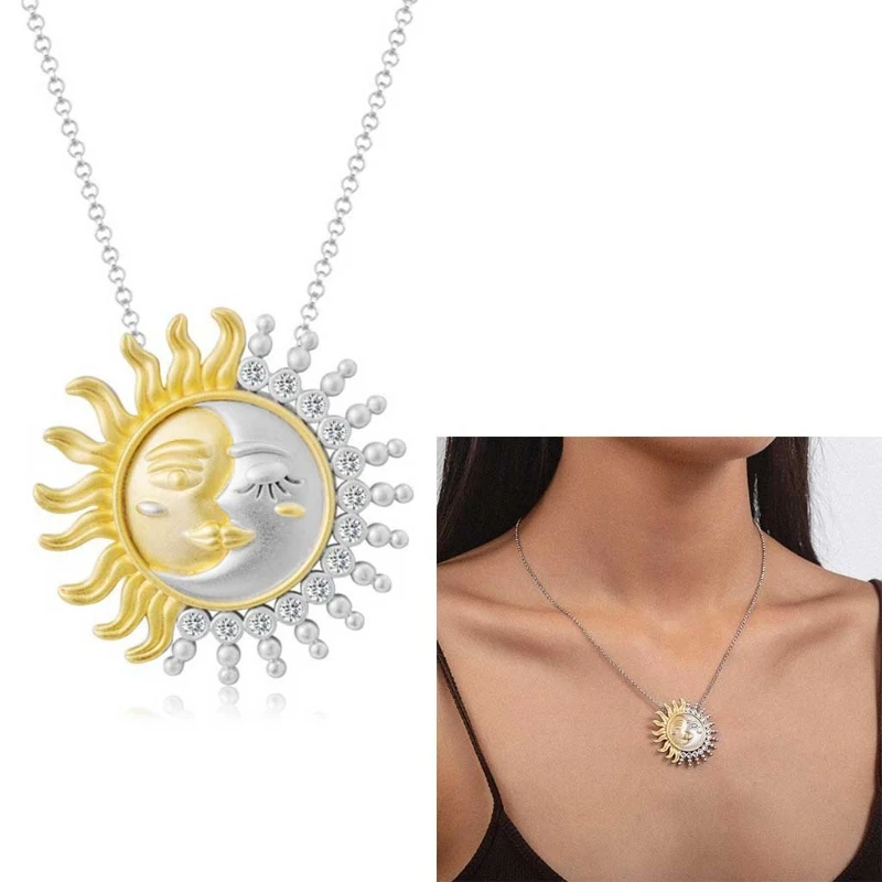 Two Tone Yellow Gold for Sun Moon Pendant Charm Necklace for Celestial Fine Jewe L21E