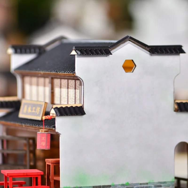 نموذج بلاط حائط رمادي أبيض من OUZEY، مجموعة بناء الفناء الخشبي، على الطراز الصيني DIY للمراهقين