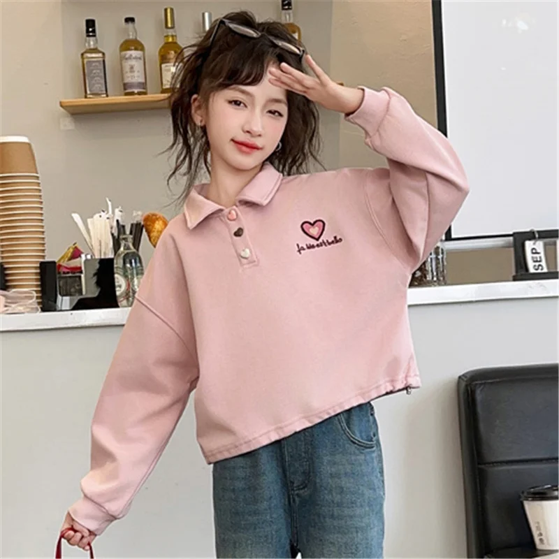 2024 Kids Polo Clothes for Girls Autumn Long Sleeve Polo T Shirts Girls Children Turn-down Collar Sweatshirt With Heart Age 5-14