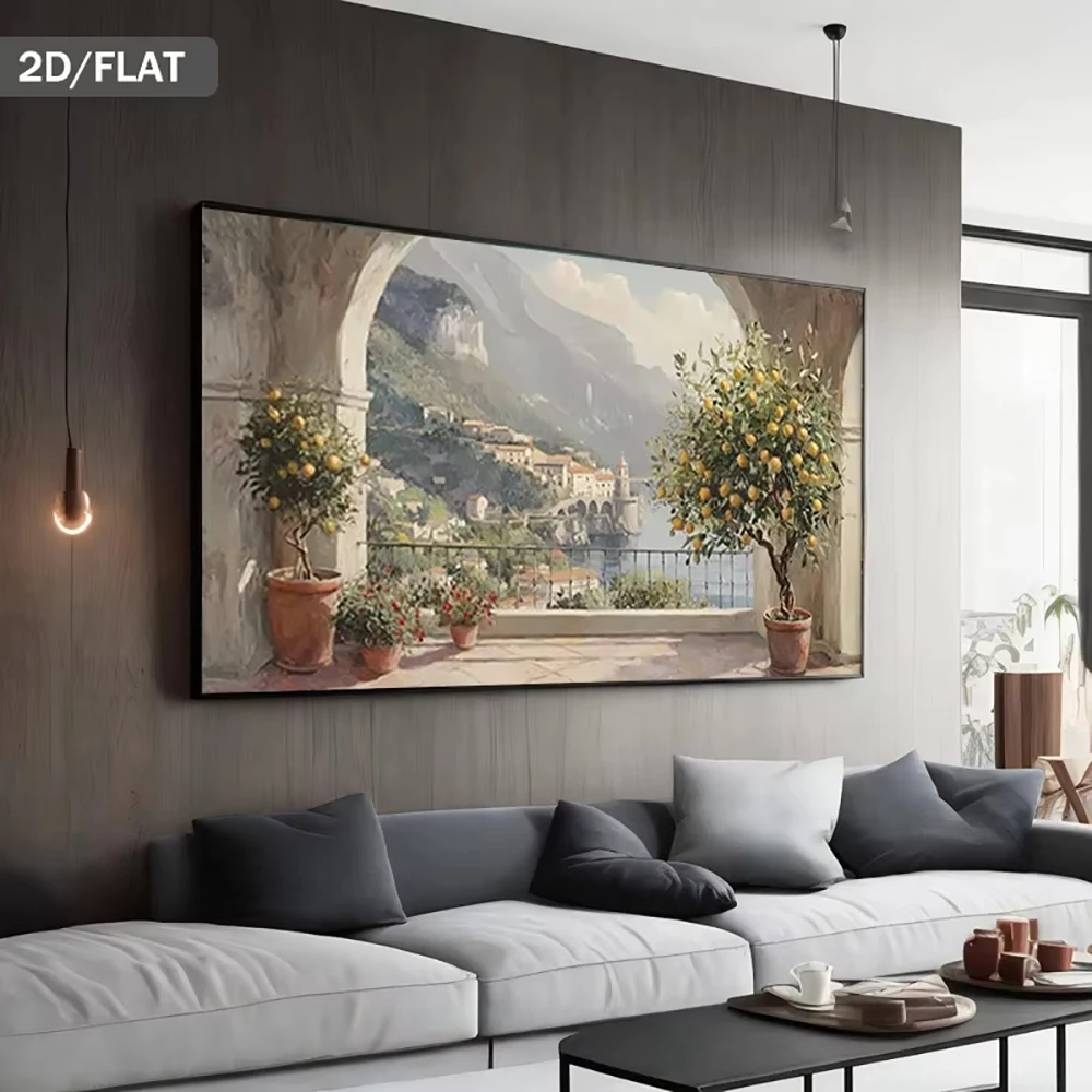 Frameless Abstract Sea View Canvas Painting 2D/Flat Large Modern Lemon Trees Poster and Prints Landscape Wall Art Decoration