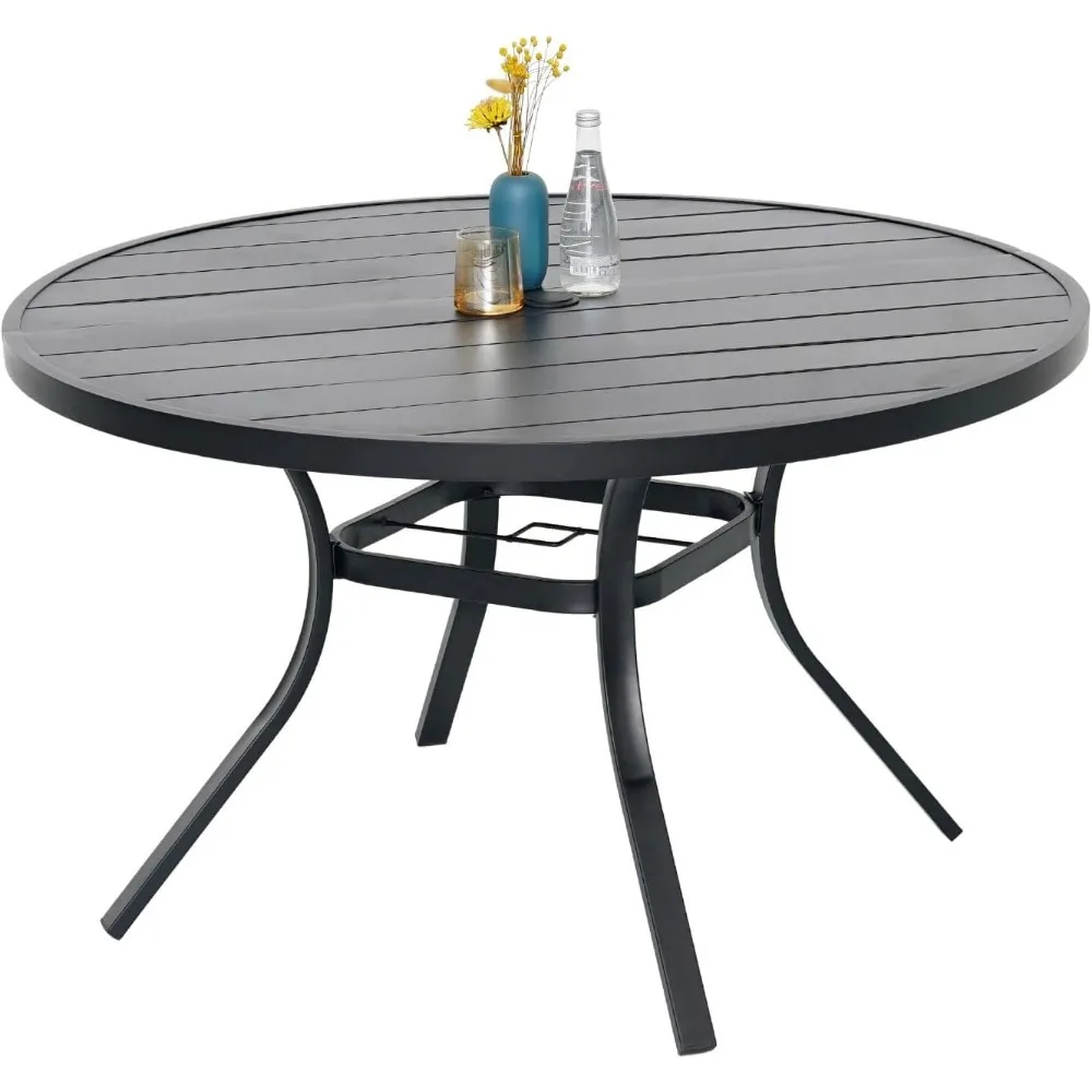 

48" Patio Outdoor Round Table for 6 Person, All Weather Metal Black Round Patio Dining Table with Adjustable Umbrella Hole
