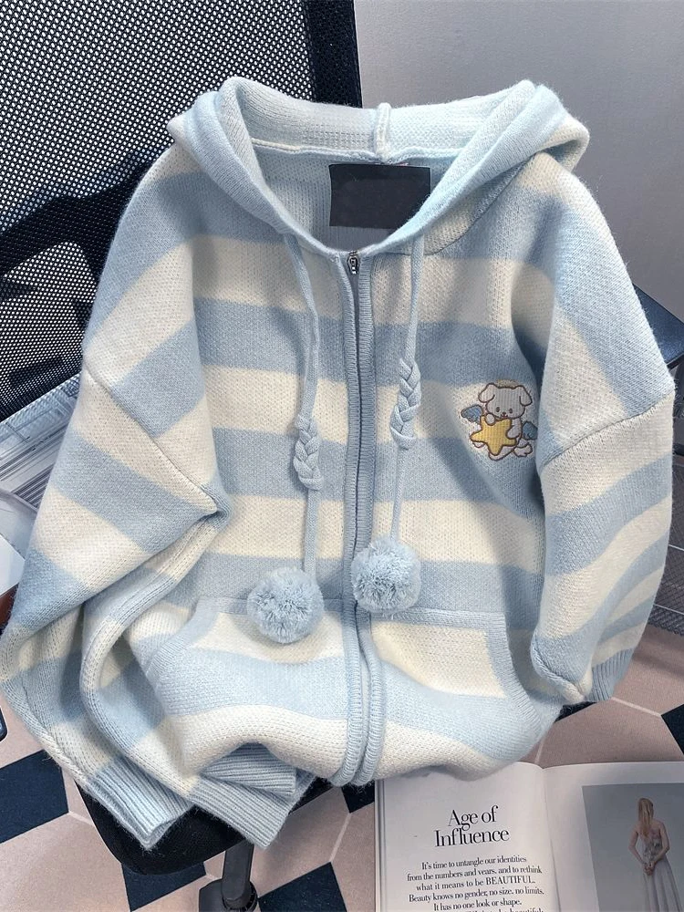 เสื้อคลุมคาร์ดิแกนลายการ์ตูน Zoki แบบมีฮู้ดสำหรับผู้หญิง ทรงหลวม น่ารัก แขนยาว เสื้อถักนิตติ้งสไตล์หวานๆ แนว Preppy สำหรับผู้หญิง สไตล์ Kawaii วินเทจ