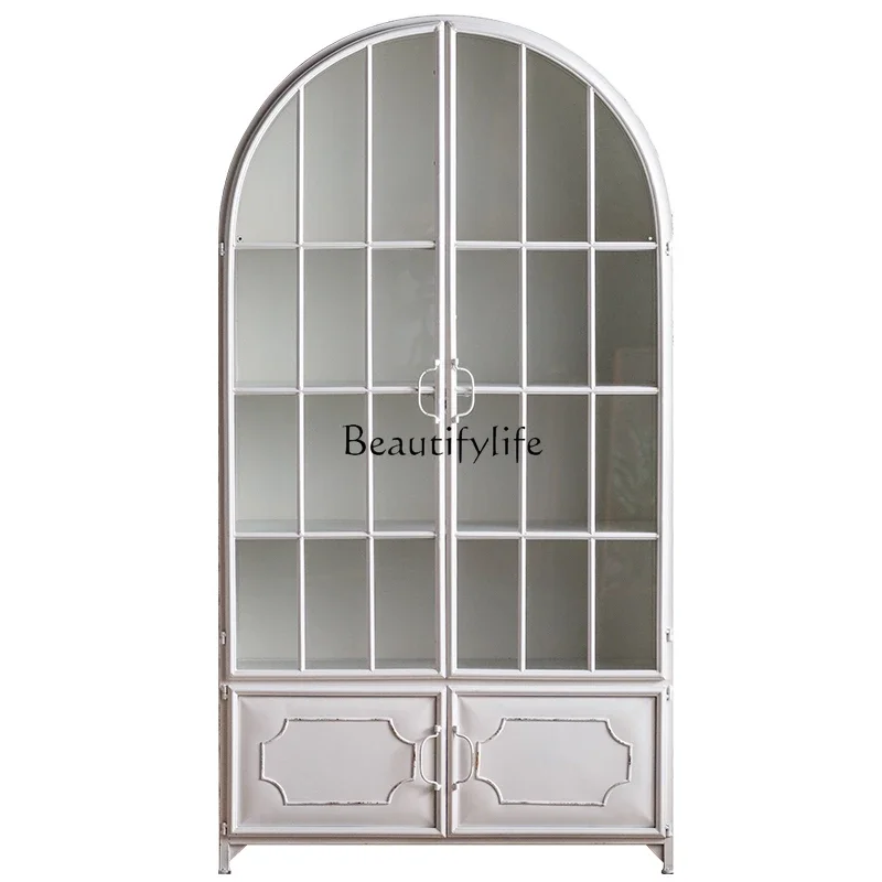 

55French wrought iron bookcase retro arched with glass door white living room display case