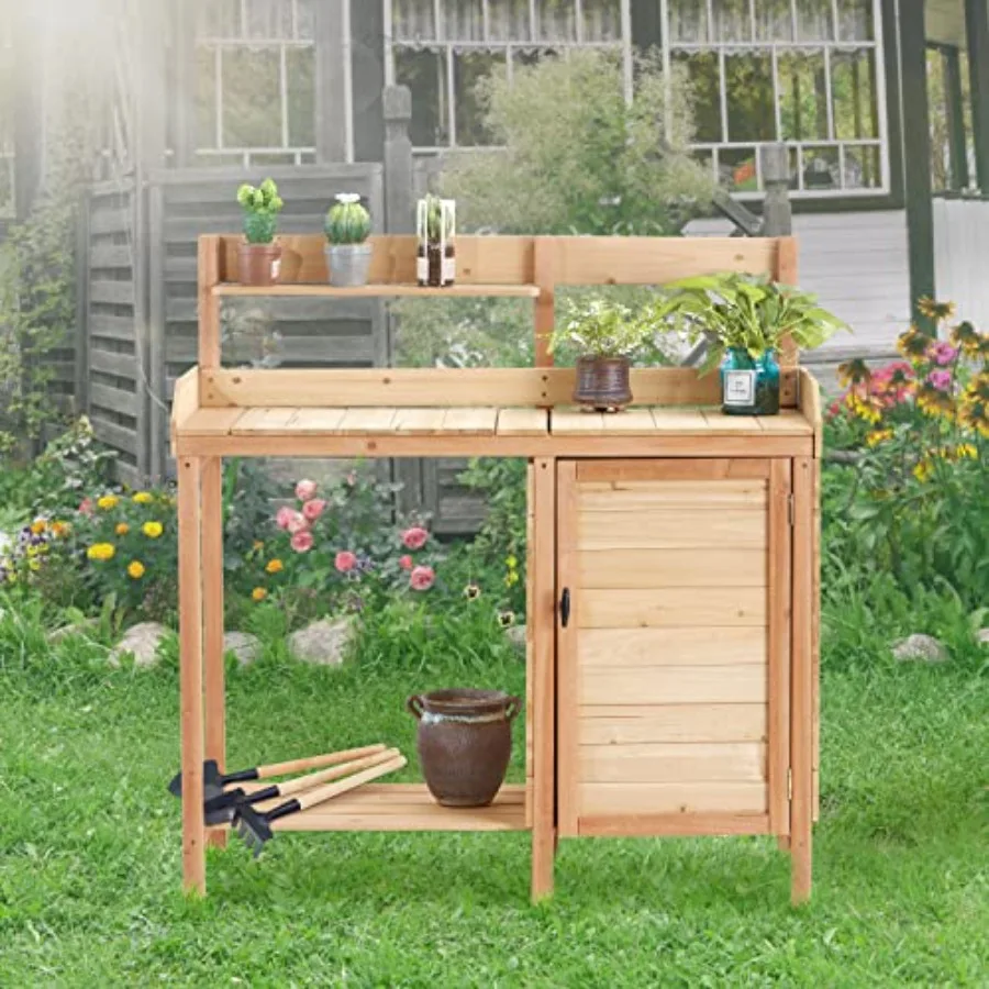 Outdoor Wooden Potting Bench with Removable Sink Tray, Large Storage Cabinet and Side Hooks Durable Garden Workstation for Pati
