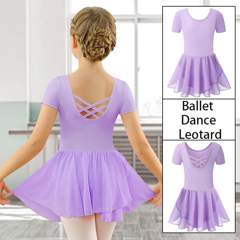 Body da danza classica per ragazza, manica corta, girocollo, per ragazza, ginnastica, gonne da ballo con cinghie incrociate sul retro