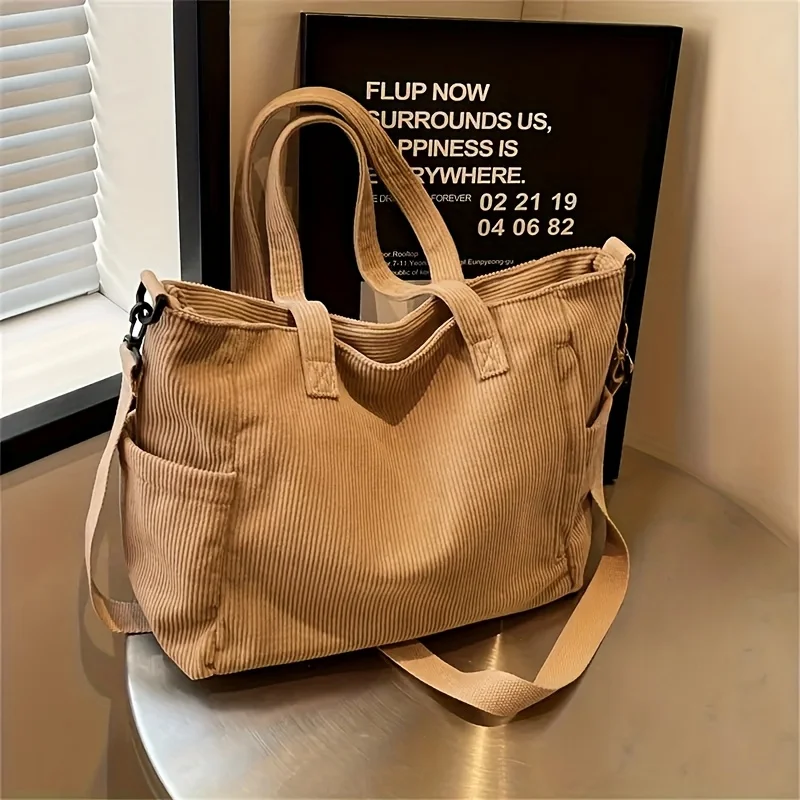 Simple Corduroy Tote Bag, Large Capacity Shoulder Bag, Casual Crossbody Bag For School & Travel