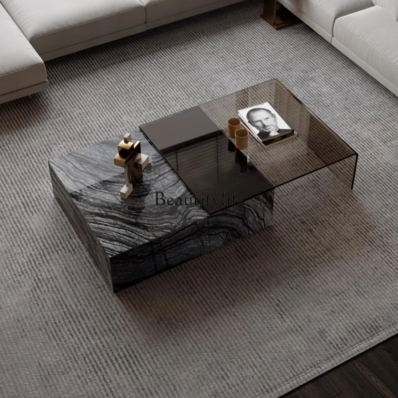 

tempered glass minimalist small apartment living room Italian light luxury ancient wood grain natural luxury stone