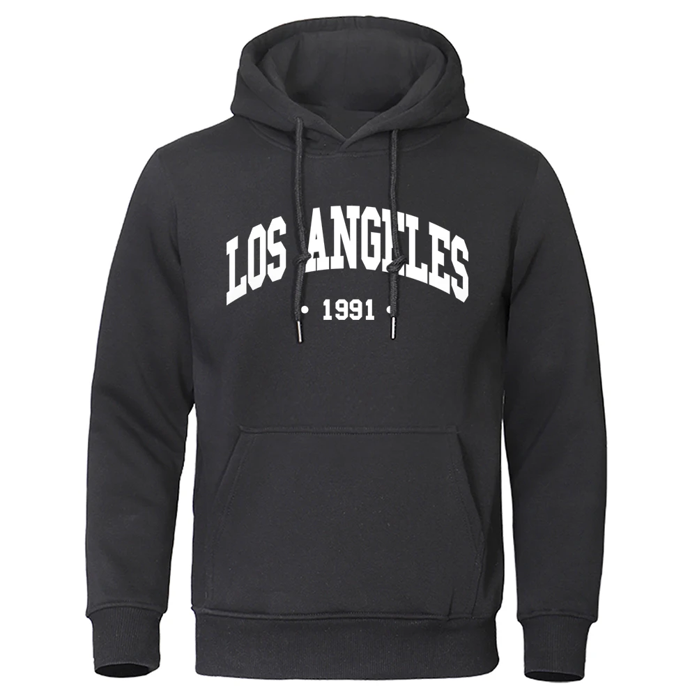 Los Angels 1991 Usa City Letter Hoody Mens Casual Comfortable Pullover Oversized Loose Sweatshirt Fleece Pocket Warm Sportswear