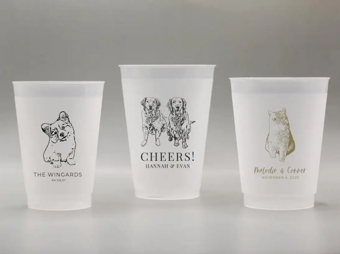 Pet Wedding Frosted Cups, Dog Wedding Frosted Cups, Pet Dog Wedding Plastic Cups, Custom Wedding Frosted Cup Favor