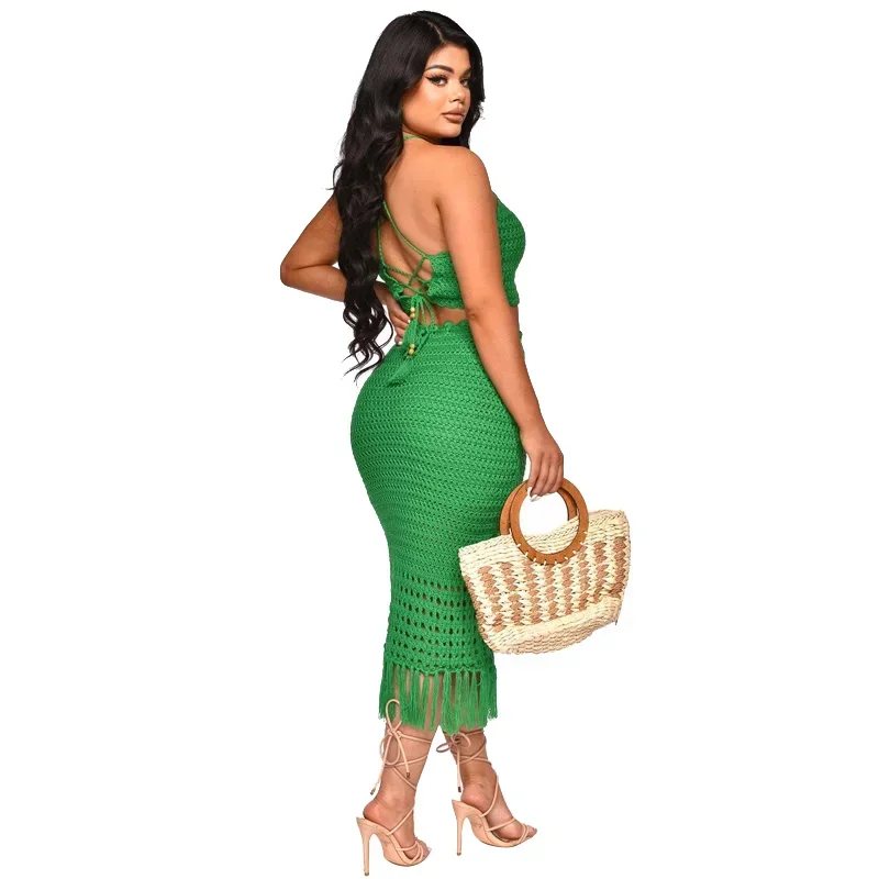 Streetwear Crochet 2 Piece Sets Women Outfit Summer Y2K Clothes Halter Crop Top Tassel Skirt Suit Dress Sets Women Two Piece Set