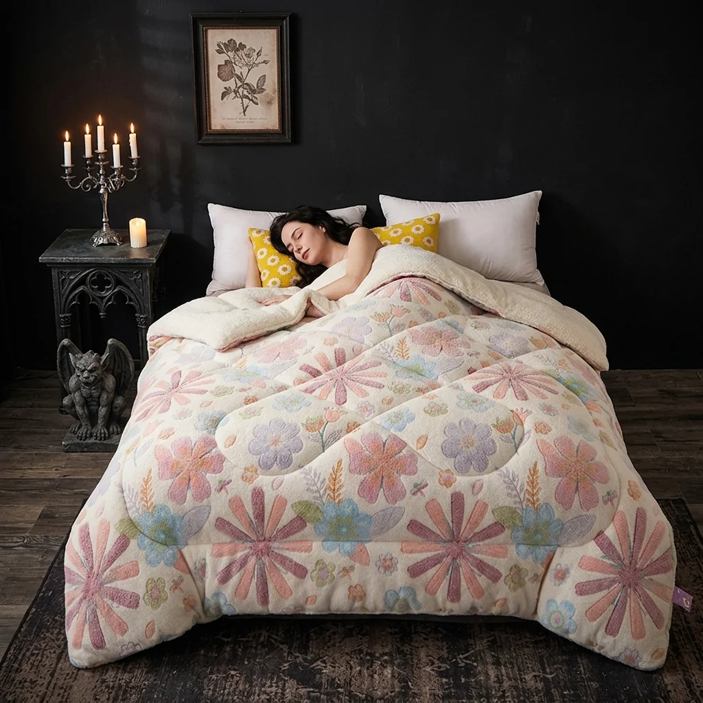 Soft Printed Winter Quilt  Floral Snowflake Design for Autumn and Guest Room Use.