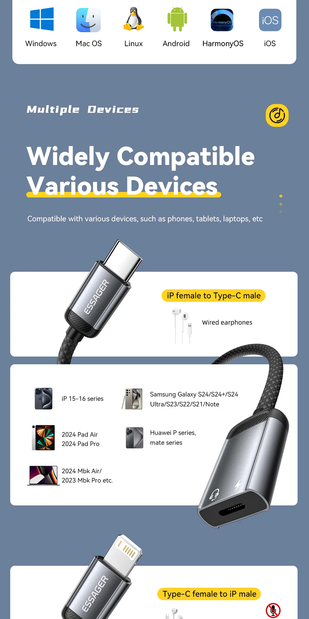 Essager Typ-C-Audio-Adapterkabel, Typ-C-Buchse auf IP-Stecker, Adapter, OTG-Kopfhörerkonverter für iPhone, Xiaomi, iPad, MacBook Pro – Detail 8