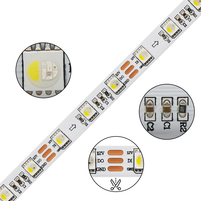 SK6812 RGBW Led Strip DC12V 4 In 1 RGBWW Individual Addressable Led Light 5M 60 LEDS Black White PCB IP30 65 67