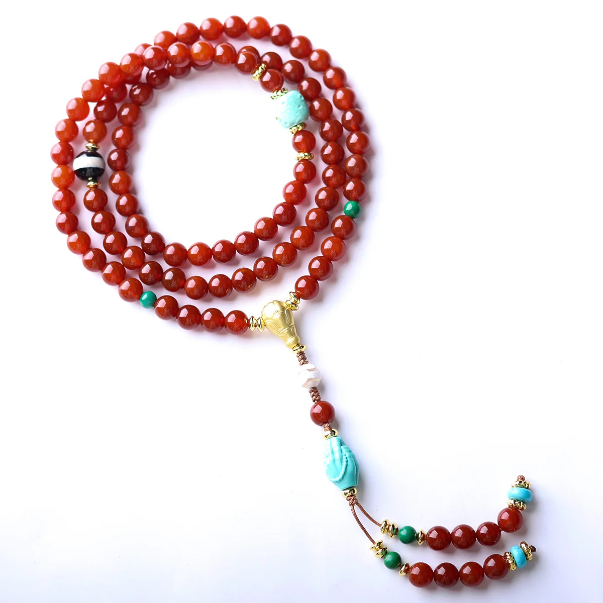 

New Chinese Style Red Agate & Magnesite Turquoise Multi-wrap Bracelet/Necklace with Buddha Hand - Women's Gift Jewelry