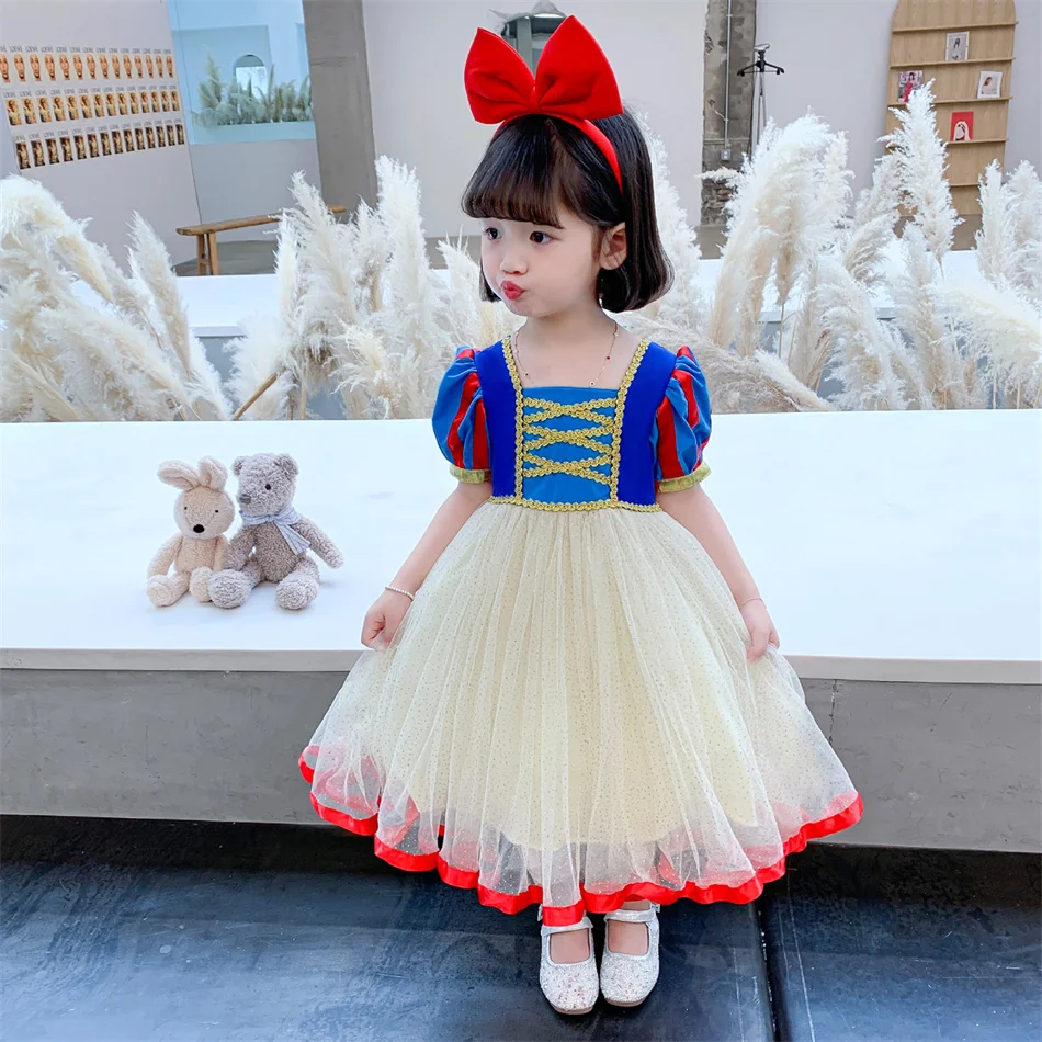 Summer Snow White Classic Princess Dress Girls Halloween Cosplay Event Prom Gown Children Birthday Masquerade Party Mesh Frocks