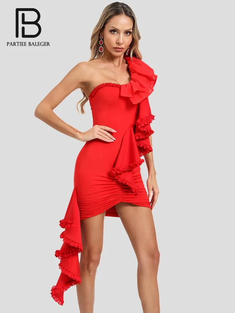 

PB Glamorous Red One-Shoulder Ruffled Bodycon Mini Dress Backless Strapless Celebrity Party Summer Gowns