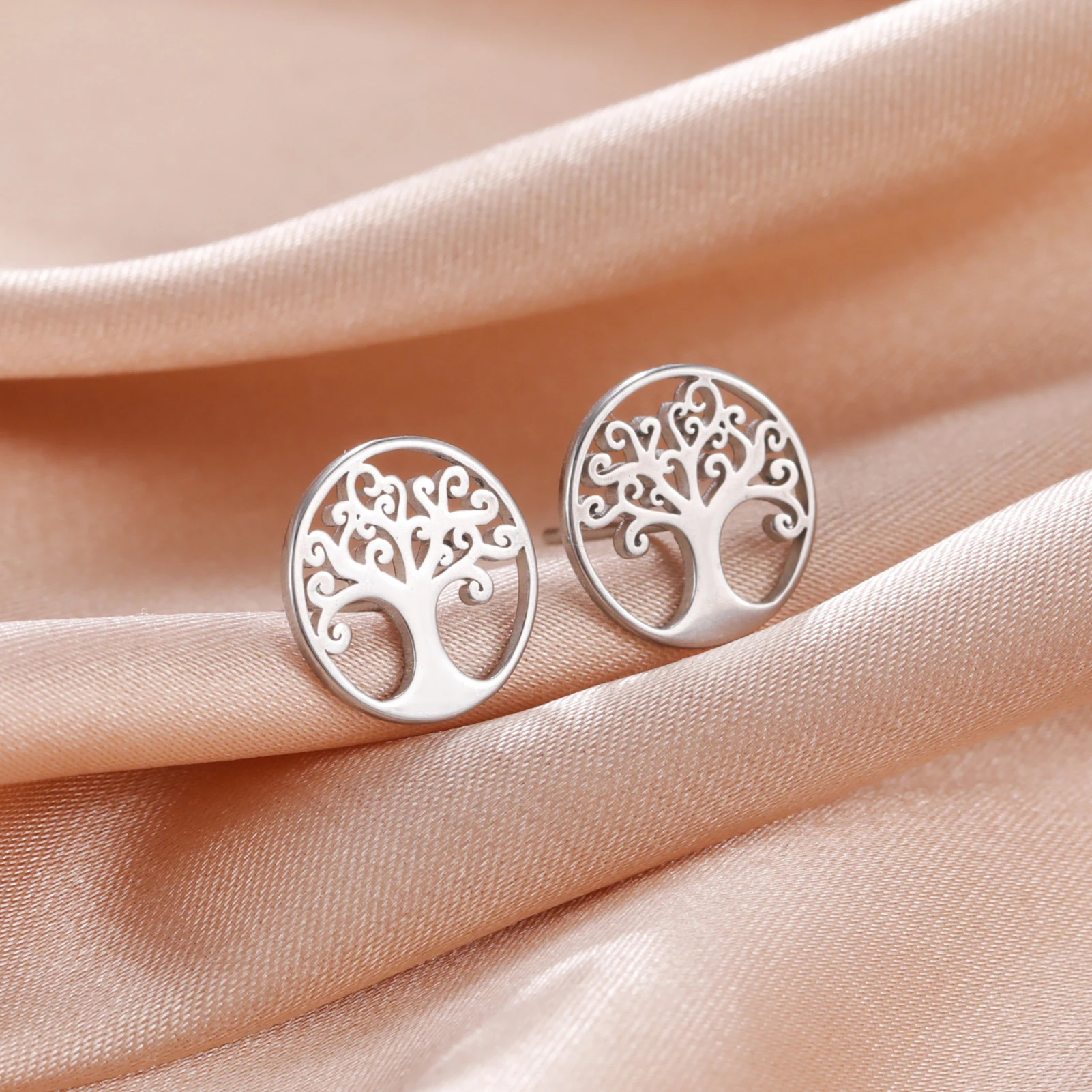 Sipuris Tree of Life Stainless Steel Stud Earrings Vintage Fashion Gold Color Geometric Minimalist Jewelry Gifts For Women