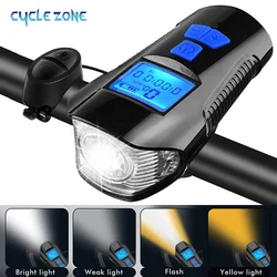 Flash Light Portable 3 in 1 Bicycle Front Light with Horn Bike Torch Rechargeable Speedometer Cycling Flashlight Camping Lamp