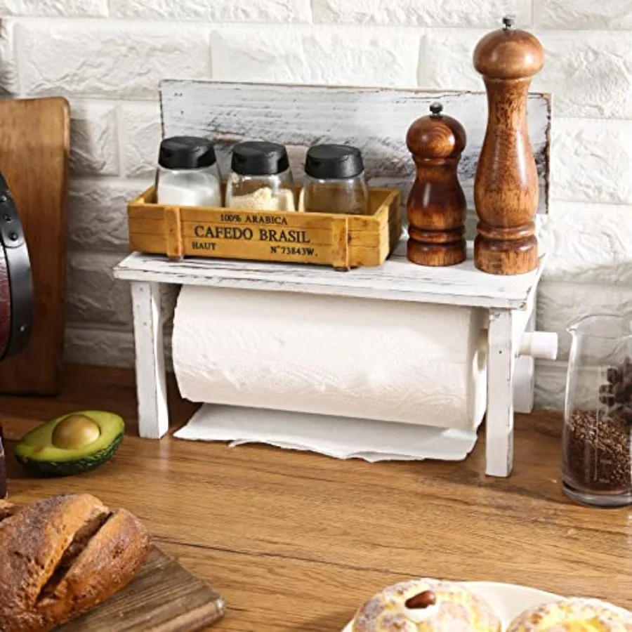 

Farmhouse Paper Towel Holder for Kitchen Countertop with Shelf, Rustic Decorative Bench Paper Towel Dispenser, Whitewashed Wood