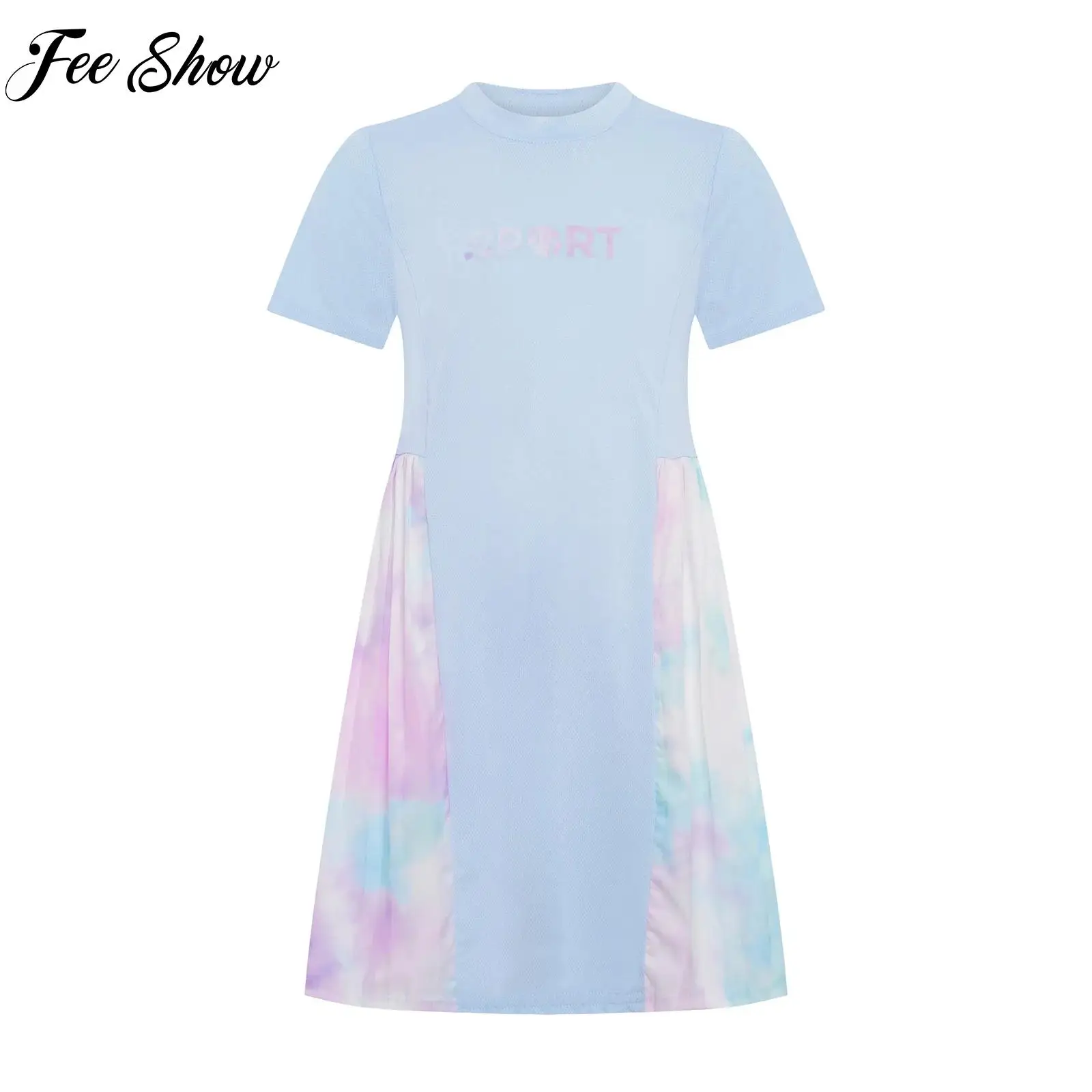 

Girls Tennis Tie-Dyed Dresses Short Sleeve Pleated T-shirt Dress Kids Quick-drying Golf Badminton Fitness Workout Sports Costume