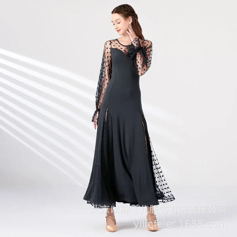 

1pcs/lot woman black ballroom dancing dress lady patchwork lace waltz dancing dress