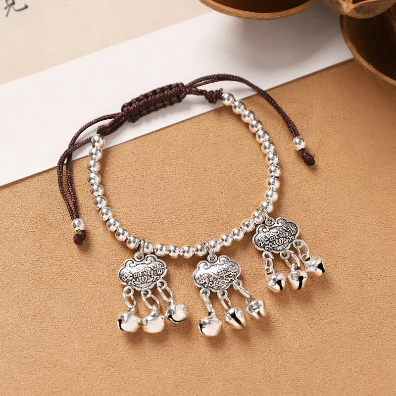 Vintage Hand-woven Longevity Lock Bell Bracelets for Women Men Ethnic Flower Shaped Tibetan Silver Luxury Jewelry Accessories