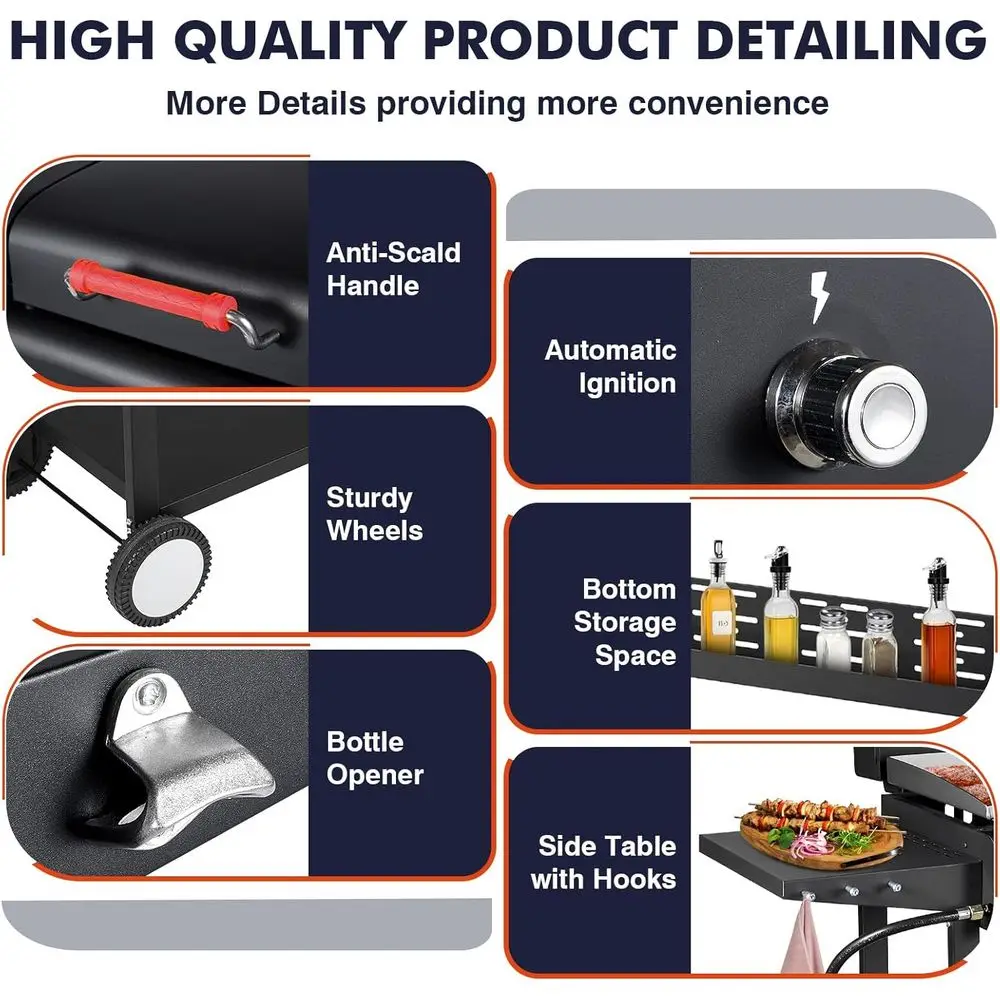 Dual Fuel BBQ Grill with Gas Griddle and Charcoal, Silicone Gloves, Dual Lids, and Side Shelves